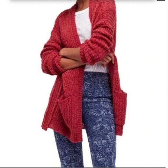 Free People | Cherry Red Weekend Getaway Cardigan Fuzzy Knit Size XS - Picture 1 of 6